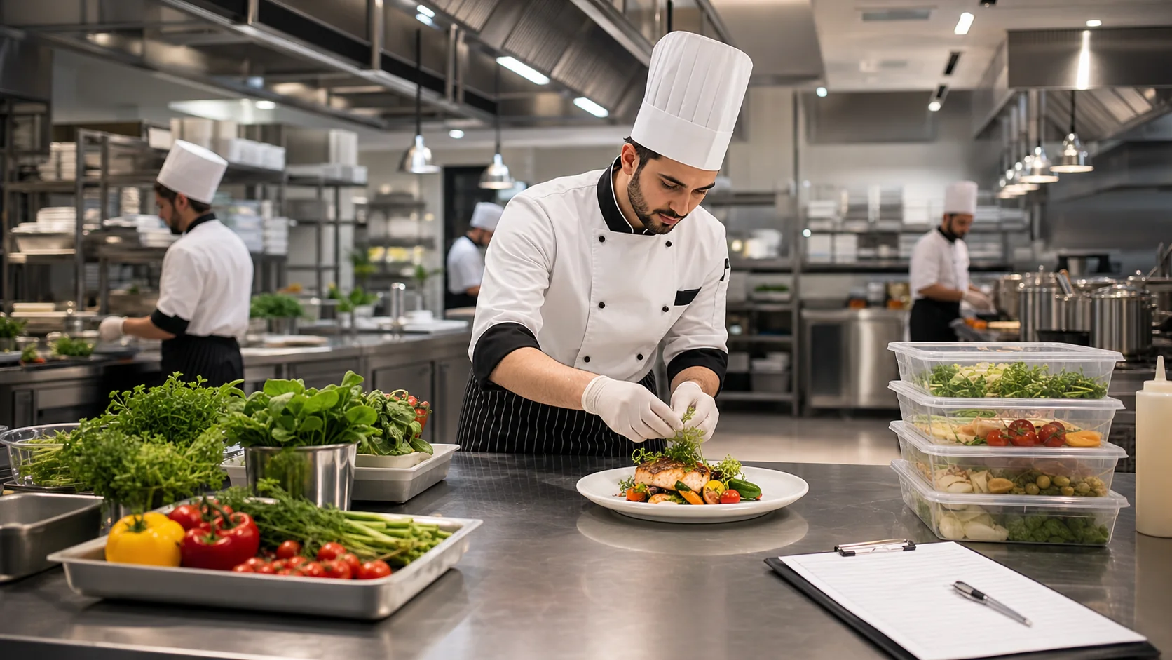 Chef preparing premium catering dishes in a professional kitchen